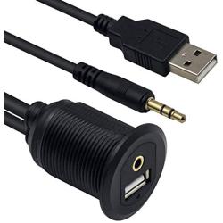 Duttek USB &3.5mm Flush Mount Cable, USB2.0 & 3.5mm Car Mount Flush Cable 3.5mm&USB2.0 AUX Extension Dash Panel Waterproof Mount Cable for Car Boat and Motorcycle 1M/3.3Feet