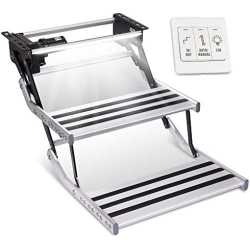 Hike Crew 12V Automatic RV Steps | Magnetic Switch Motorized 2-Step Platform & Power Kit w/LED Light, Aluminum & Steel Construction 440 Lb Capacity | Anti-Slip Grip Custom Control & Easy Bolt Assembly
