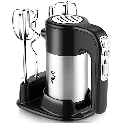 Bear Hand Mixer Electric, 300W Power Handheld Mixer with Turbo Boost, Eject Button, 4 Stainless Steel Accessories, Storage Base, 2x5 Speed Electric Hand Mixer for Easy Whipping Dough Cream Cake, Silver