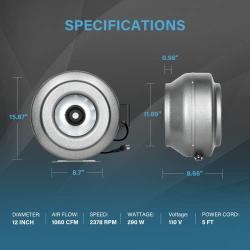 iPower GLFANXINLCTR12 12 Inch 1060 CFM Duct Inline HVAC Exhaust Blower Ventilation Fan with Variable Speed Controller, 12