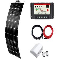 AUECOOR Flexible Solar Panel 100W Solar System + PWM 20A LED Solar Controller + 5M Solar Cable + Cable Entry Cover for RV Boat Off Grid
