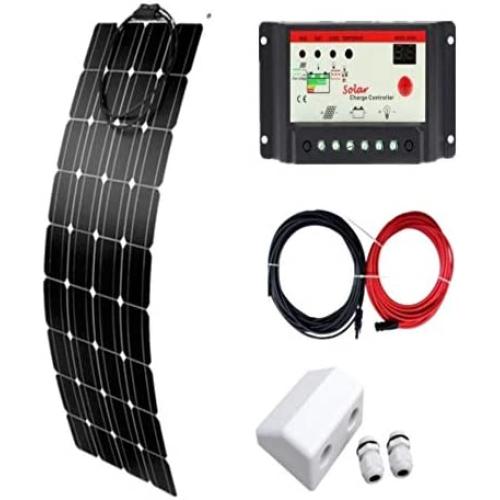 AUECOOR Flexible Solar Panel 100W Solar System + PWM 20A LED Solar Controller + 5M Solar Cable + Cable Entry Cover for RV Boat Off Grid