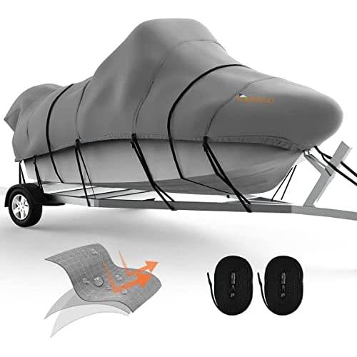 KING BIRD Heavy Duty Center Console Boat Cover, 600D Anti-Fade Marine Grade Oxford, Waterproof Trailerable UV Resistant with Adjustable 2 Tie-Down Straps