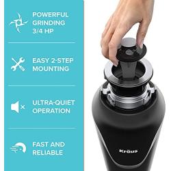 Kraus KWD100-75MBL WasteGuard Continuous Feed Garbage Disposal with 3/4 Horsepower Ultra-Quiet Motor for Kitchen Sinks with Power Cord and Flange Included, 15.25 inch, Black