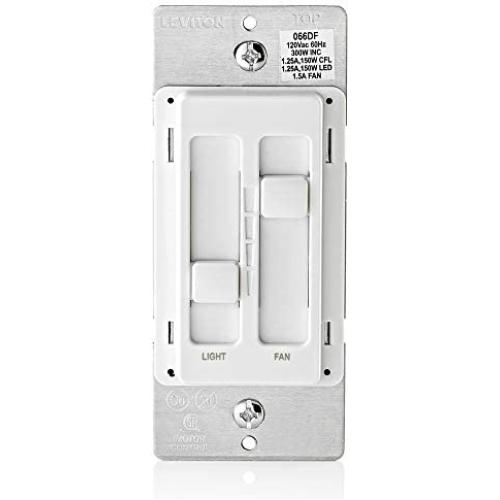 Leviton 66DF-10W SureSlide Dual Quiet Light Control for 150W LED, 300W Incandescent/Halogen, 1.5 Amp Fan, 120V, White