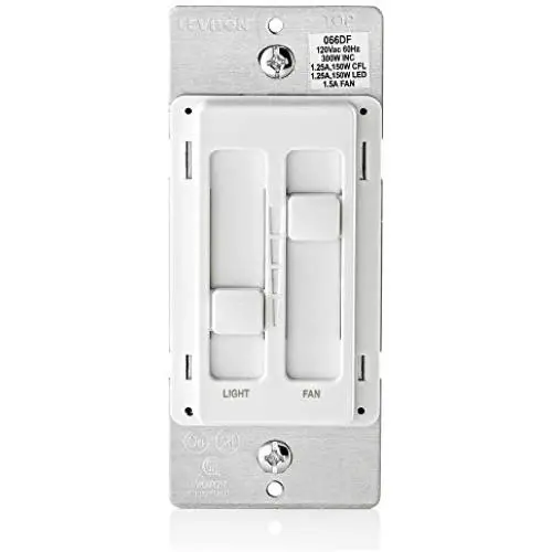 Contrôle d'éclairage Dual Quiet SureSlide 66DF-10W de Leviton pour LED 150W, Incandescence/Halogène 300W, Ventilateur 1,5 Amp, 120V, Blanc Contrôle d'éclairage Dual Quiet SureSlide 66DF-10W de Leviton pour LED 150W, Incandescence/Halogène 300W, Ventilateur 1,5 Amp, 120V, Blanc