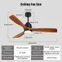 ALUOCYI Outdoor Wood Ceiling Fan with Lights and Remote, 52 inch, 3 Solid Wood Blades,Noiseless Reversible DC Motor Low profile Ceiling fans for Living room, Bedroom, kitchen, Patio, F3601, Brown