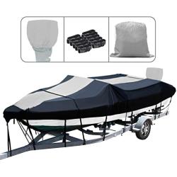 Tokept Boat Cover, Heavy Duty Splice Upgraded 300D Marine Grade Polyester Canvas Trailer Waterproof Boat Cover with Motor Cover for V-Hull, Speedboat Cover, Trimaran (17-19L *96
