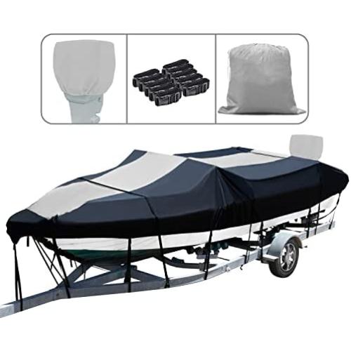 Tokept Boat Cover, Heavy Duty Splice Upgraded 300D Marine Grade Polyester Canvas Trailer Waterproof Boat Cover with Motor Cover for V-Hull, Speedboat Cover, Trimaran (17-19L *96