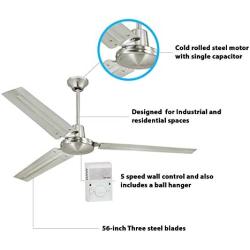 Ciata Lighting Garage Ceiling Fan, Shop Ceiling Fan, Commercial Ceiling Fan, Industrial 56 Inch Three Blade Indoor Ceiling Fan, with Steel Blades - Brushed Nickel