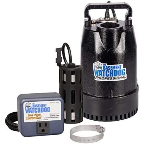 THE BASEMENT WATCHDOG Model SIT-33D 1/3 HP 3,720 GPH at 0 ft. and 3,100 GPH at 10 ft. Cast Iron Submersible Sump Pump Top Discharge and Caged Dual Micro Reed Float Switch and Controller
