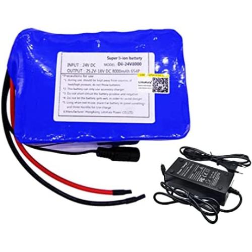 Jieoto Electric Bike Battery, 24V 8Ah Lithium-Ion Battery, 6S 4P 25.2V 8000mAh Lithium Battery Pack, with BMS and Charger, for 500W Electric Bike Scooter Motor