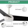 Homeybuff Ceiling Fan with Lights Remote Control, 60-Inch, DC Motor,6 Speed, Frosted Glass (3 Blades), Dimmable LED Light