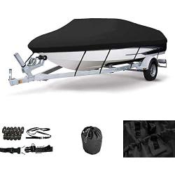 16-18ft Trailerable 600D Boat Cover, Heavy Duty Waterproof UV Resistant Marine Grade Oxford Fabric fits V-Hull,TRI-Hull,Trailer,Pro-Style,Fishing Ski,Runabout,Bass Boat with Strap Black