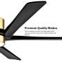 WINGBO 54 Inch DC Ceiling Fan with Lights and Remote Control, 5 Reversible Carved Wood Blades, 6-Speed Noiseless DC Motor, Modern Ceiling Fan in Brass Finish with Black Blades, ETL Listed