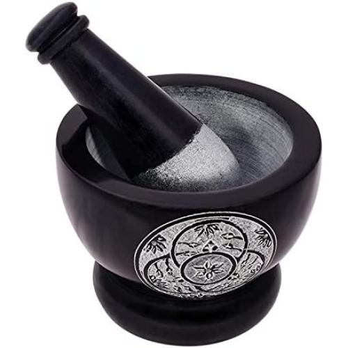 Divit Shilp Mortar and Pestle, Made of Heavy Duty Polished Hard Stone, Natural Stone Grinder for Spices, Pastes, Herbs, Seasoning etc. (Black with Engraving)