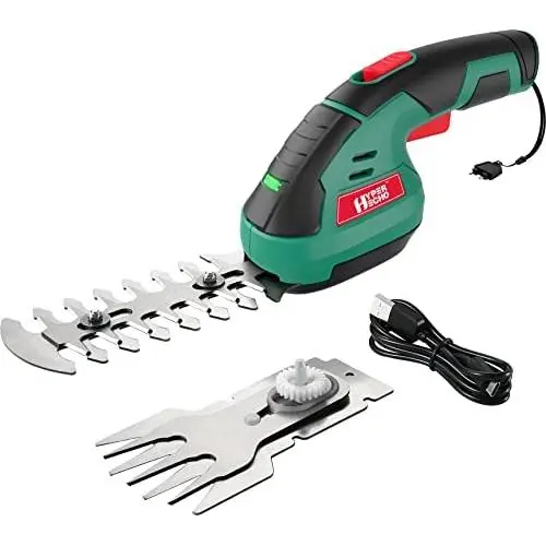 Cordless Grass Shear Handheld Hedge Trimmer 2-in-1 7.2V HYPERECHO Handheld Grass Clipper Hedge Cutter with Pruning Blades and Grass Cutting Blades