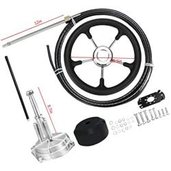 14ft Outboard Steering System Mechanical Boat Rotary Steering Kit Turbine Outboard Steering Cable with Luxury Foamed Steering Wheel