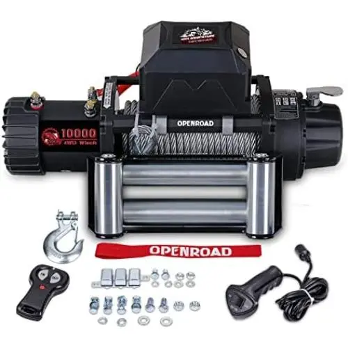 OPENROAD 10000Lbs 12 Volts Electric Winch, Winch for Truck/4×4/Jeep, 10000Lbs/4535kg Electric Winch Kit, with 26m/85ft Winch Cable, Towing Off-Road Electric Winch Recovery kit (10000Lbs Black)