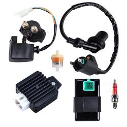 Ignition Coil Solenoid Relay 4-Pin Voltage Regulator 5-Pin CDI Box Spark Plug Kit Compatible with 50cc 70cc 90cc 110cc 125cc ATV Go Kart Dirt Bike Pit Bike TaoTao Roketa Moped Scooter