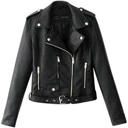 Women Ladies Lapel Motor Jacket Coat Zip Biker Short Punk Cropped Tops Solid Color Faux Leather Jacket