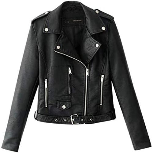 Women Ladies Lapel Motor Jacket Coat Zip Biker Short Punk Cropped Tops Solid Color Faux Leather Jacket
