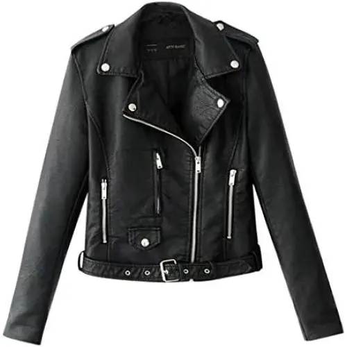 Women Ladies Lapel Motor Jacket Coat Zip Biker Short Punk Cropped Tops Solid Color Faux Leather Jacket
