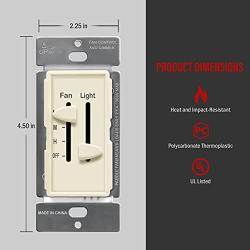 ENERLITES 3 Speed Ceiling Fan Control and LED Dimmer Light Switch, Light and Fan Combination Switch, Single Pole, 2.5A, 300W Incandescent, No Neutral Wire Required, 17001-F3-LA-F, Light Almond