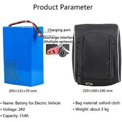 24V 15Ah E-Bike Lithium-Ion Battery, Built-in BMS Protection Board, with Hanging Bag and 29.4V Charger, for 200W/250W/400W/500W Motors