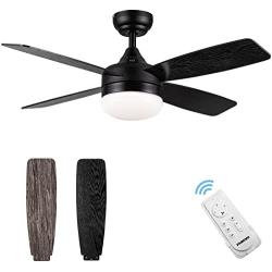 Ceiling Fans with Lights, 44 Inch, Flush Mount Ceiling Fan with Lights, Reversible Motor, Timing, Dimmable Light, 4 Blades, 24W LED, Black Ceiling Fan with Remote for Kitchen, Dining Room