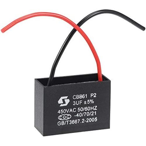 uxcell Ceiling Fan Capacitor CBB61 3uF 450V AC 2 Wires Metallized Polypropylene Film Capacitor 43x31x18mm for Electric Fan Pump Motor Generator
