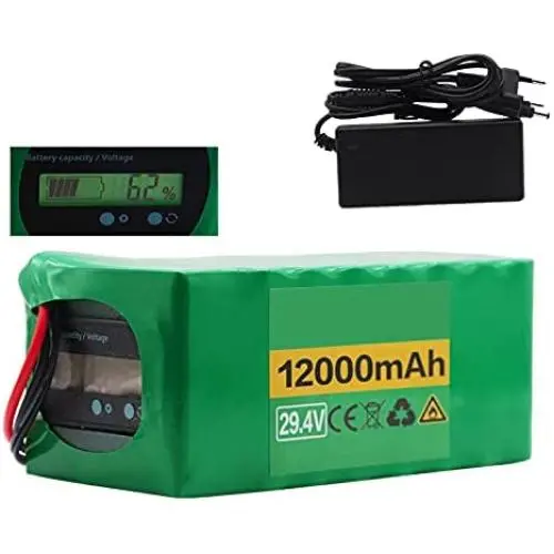 Jieoto 29.4V 12000mAh Lithium Battery Pack 12AH 7S5P Electric Bike Battery for 200W 250W 350W Motor for Electric Scooters Electric Tools with Voltage Display+ Charger