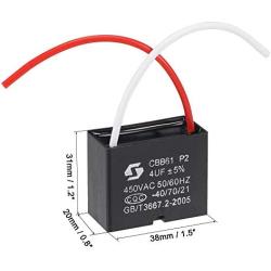 uxcell Ceiling Fan Capacitor CBB61 4uF 450V AC 2 Wires Metallized Polypropylene Film Capacitor 38x31x20mm for Electric Fan Pump Motor Generator 2Pcs