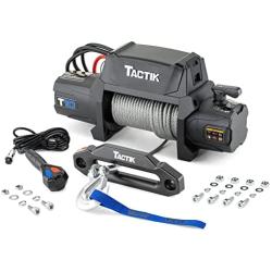 TACTIK 10,000 lb High Performance Winch with Integrated Solenoid, Steel Cable - 5.5 HP Electric Winch - 12-Foot Remote Controller - Bumper Mount Offroad Tow Recovery - Fits Jeep, Trucks, SUVs