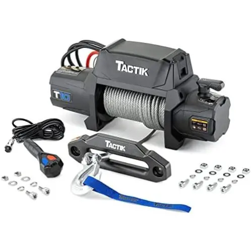 TACTIK 10,000 lb High Performance Winch with Integrated Solenoid, Steel Cable - 5.5 HP Electric Winch - 12-Foot Remote Controller - Bumper Mount Offroad Tow Recovery - Fits Jeep, Trucks, SUVs