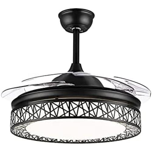 Fandian 42Inch Modern Ceiling Fans with Light Retractable Blades LED Ceiling Fan 3 Color Change 3 Speeds Chandelier Remote Control Fandelier for Living/bBedroom (Black)