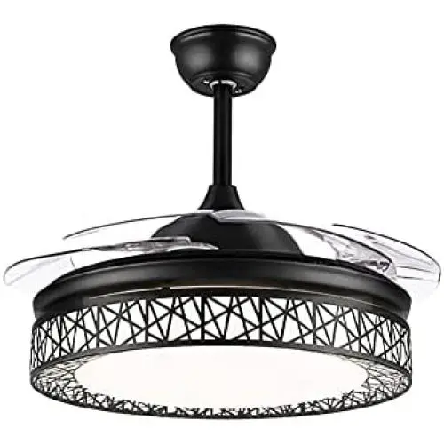 Fandian 42Inch Modern Ceiling Fans with Light Retractable Blades LED Ceiling Fan 3 Color Change 3 Speeds Chandelier Remote Control Fandelier for Living/bBedroom (Black)