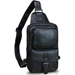 Genuine Leather Sling Bag Crossbody Motorcycle Bag Handmade Hiking Chest Daypack Retro Shoulder Backpack (Darkgrey)