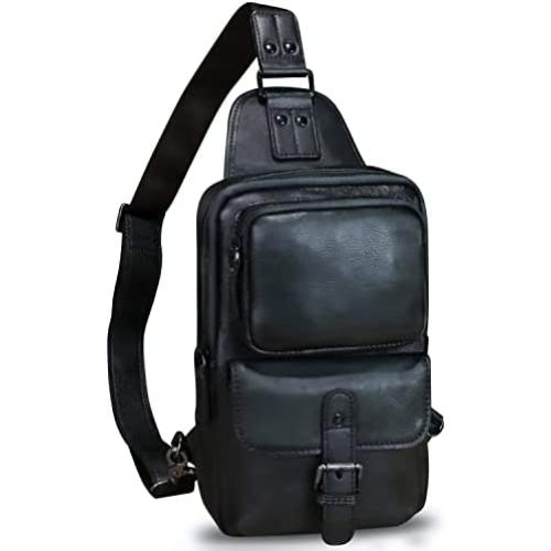 Genuine Leather Sling Bag Crossbody Motorcycle Bag Handmade Hiking Chest Daypack Retro Shoulder Backpack (Darkgrey)