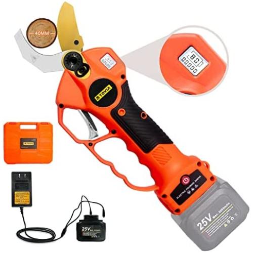 T TOVIA Professional Cordless Electric Pruning Shears, 25V Battery Powered Garden Tree Trimmer with Brushless Motor, 1 Lithium Battery, 40mm Cutting Diameter, LCD Power Display