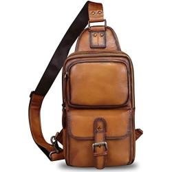 Genuine Leather Sling Bag Crossbody Motorcycle Bag Handmade Hiking Chest Daypack Retro Shoulder Backpack (Brown)