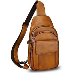 Genuine Leather Sling Bag Crossbody Motorcycle Bag Handmade Chest Bag Hiking Daypack Retro Shoulder Backpack (Brown)
