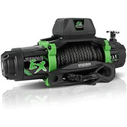 STEGODON New 13500 lb. Load Capacity Electric Winch Genesis,12V Synthetic Rope Electric Winch with Hawse Fairlead,Waterproof IP67 Winch with 2 in 1Wireless/Wired Handheld Remote(Jungle EX)