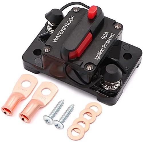 Jeemiter 60 Amp Circuit Breaker with Manual Reset Wire Lugs Copper Washer and Screws for Car Marine Trolling Motors Boat ATV Manual Power Protect for Audio System Fuse, 12V-48VDC