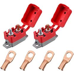 2 Pieces DC 12V - 24V Automatic Reset Circuit Breaker with Cover Stud Bolt and 4 Pieces Wire Lugs for Battery Chargers, Trucks, Buses, Electric Cars, Car Engines and Automotive Supplies (30 Amp)