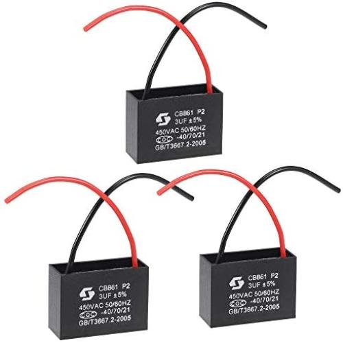 uxcell Ceiling Fan Capacitor CBB61 3uF 450V AC 2 Wires Metallized Polypropylene Film Capacitor 43x31x18mm for Electric Fan Pump Motor Generator 3Pcs