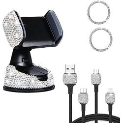 Bling Phone Car Holder with Air Vent Clip Shiny Engine Button Deco 3 In1 Charging Cable Rhinestone Car Accessories for Women