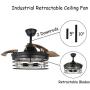 36 Industrial Retractable Ceiling Fan, ceiling fan with retractable blades, remote control, 3 speed, silent motor, Black (Bulb Not Included)