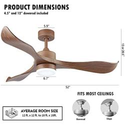 WINGBO 52’’ Modern Ceiling Fan with Lights and Remote, Industrial Walnut Ceiling Fan, 3 Curved Blades, Reversible Motor, Indoor LED Ceiling Fan for Kitchen Bedroom Living Room, ETL Listed