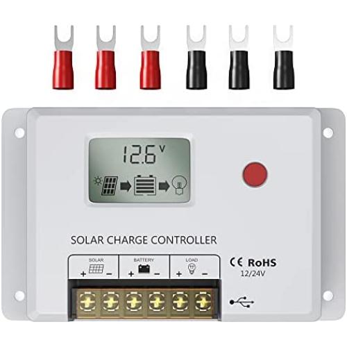 Solar Charge Controller 10A, Bateria Power 12V/24V PWM Solar Controller with LCD Display Dual USB Multiple Load Control Modes for AGM, Gel, Flooded and Lithium Battery, Used in RVs, Boats, Yachts